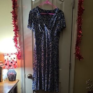 Chaps Periwinkle, Cream & White Patterned Midi Dress With Flutter Sleeves